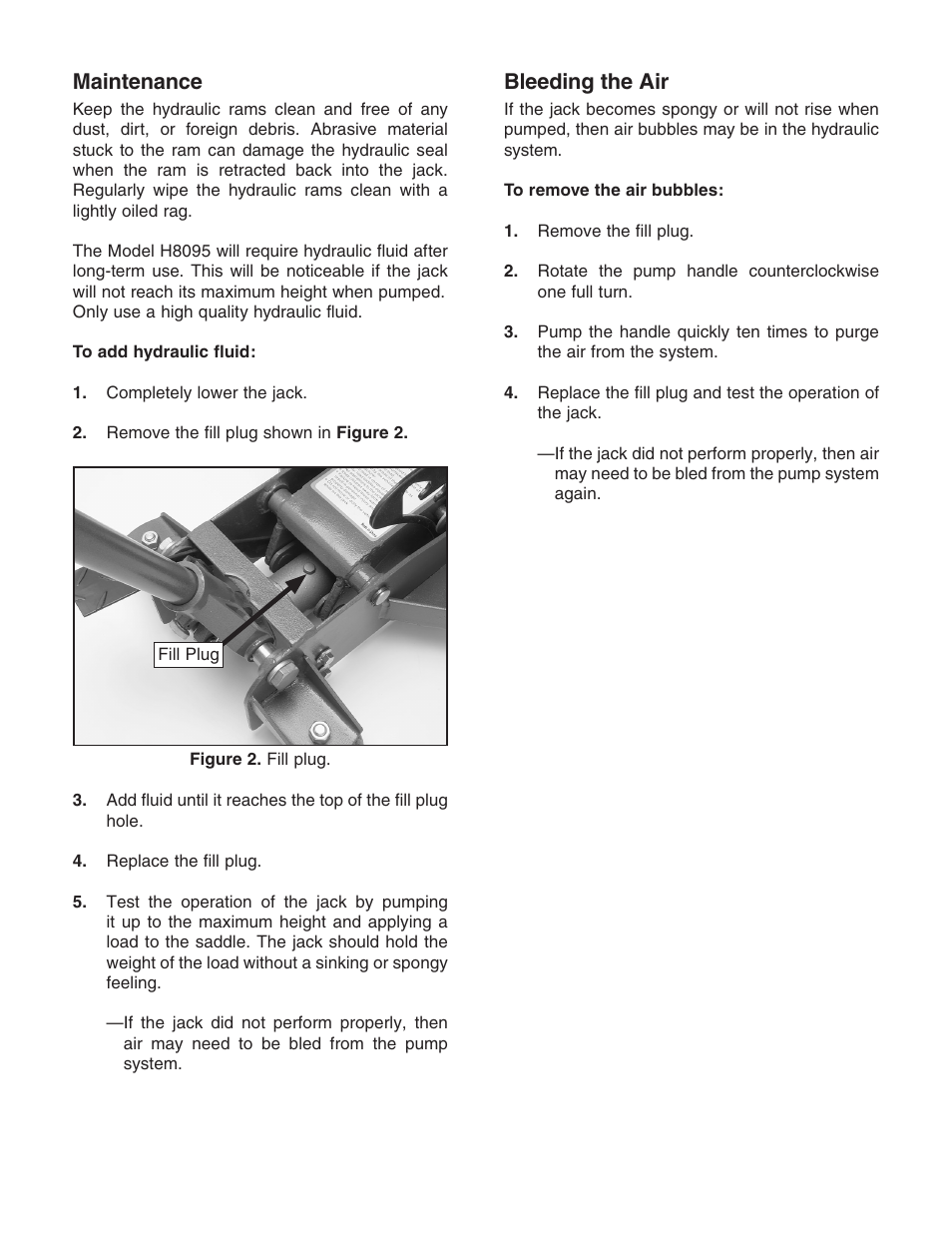 Maintenance, Bleeding the air | Grizzly H8095 User Manual | Page 2 / 4