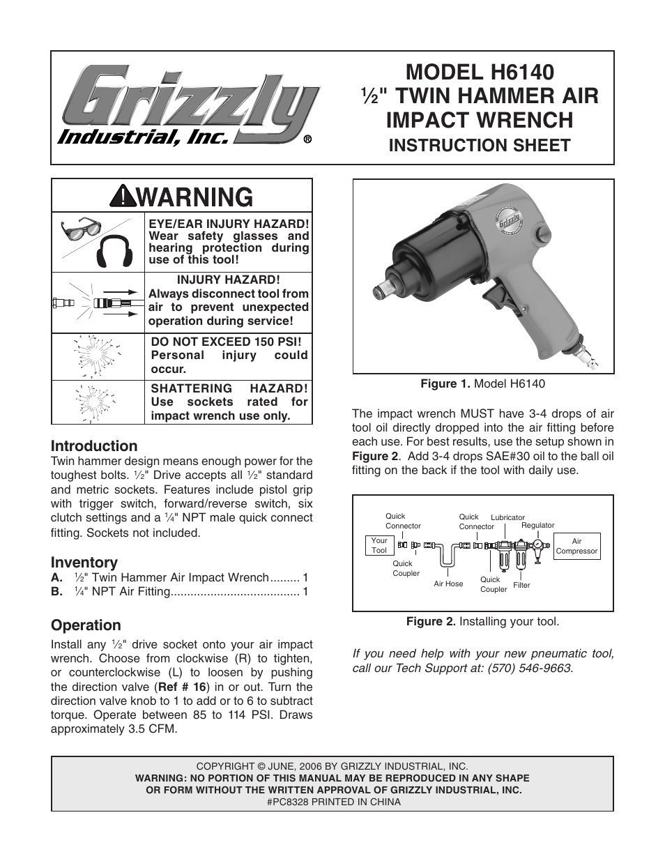 Grizzly 1/2" Twin Hammer Air Impact Wrench h6140 User Manual | 2 pages