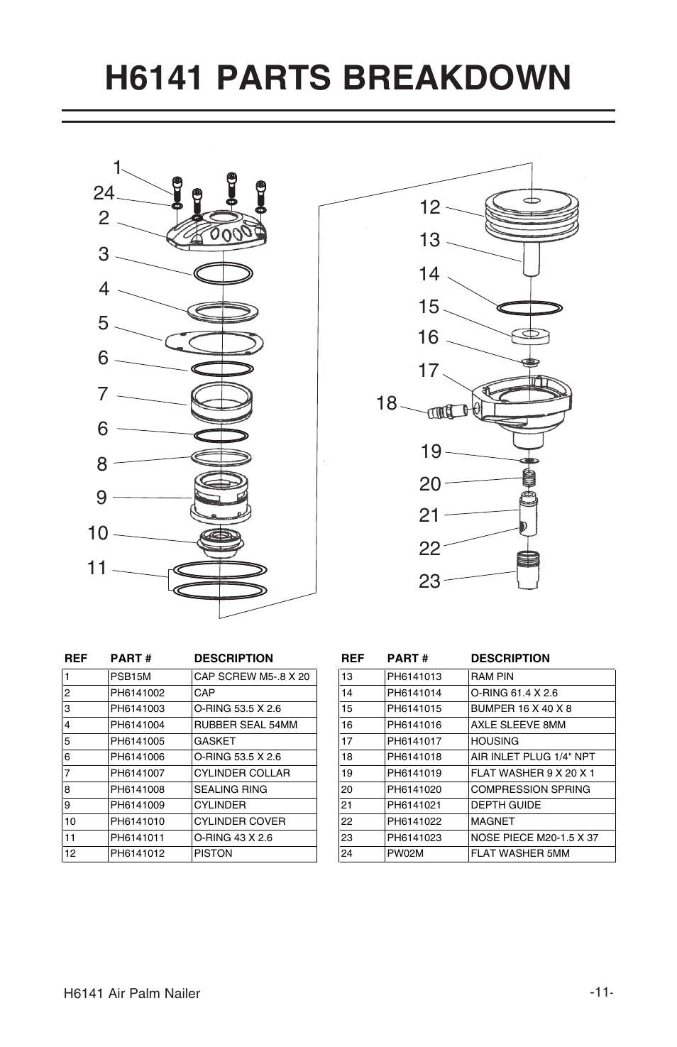 H6141 parts breakdown | Grizzly Air Palm Nailer H6141 User Manual | Page 11 / 16