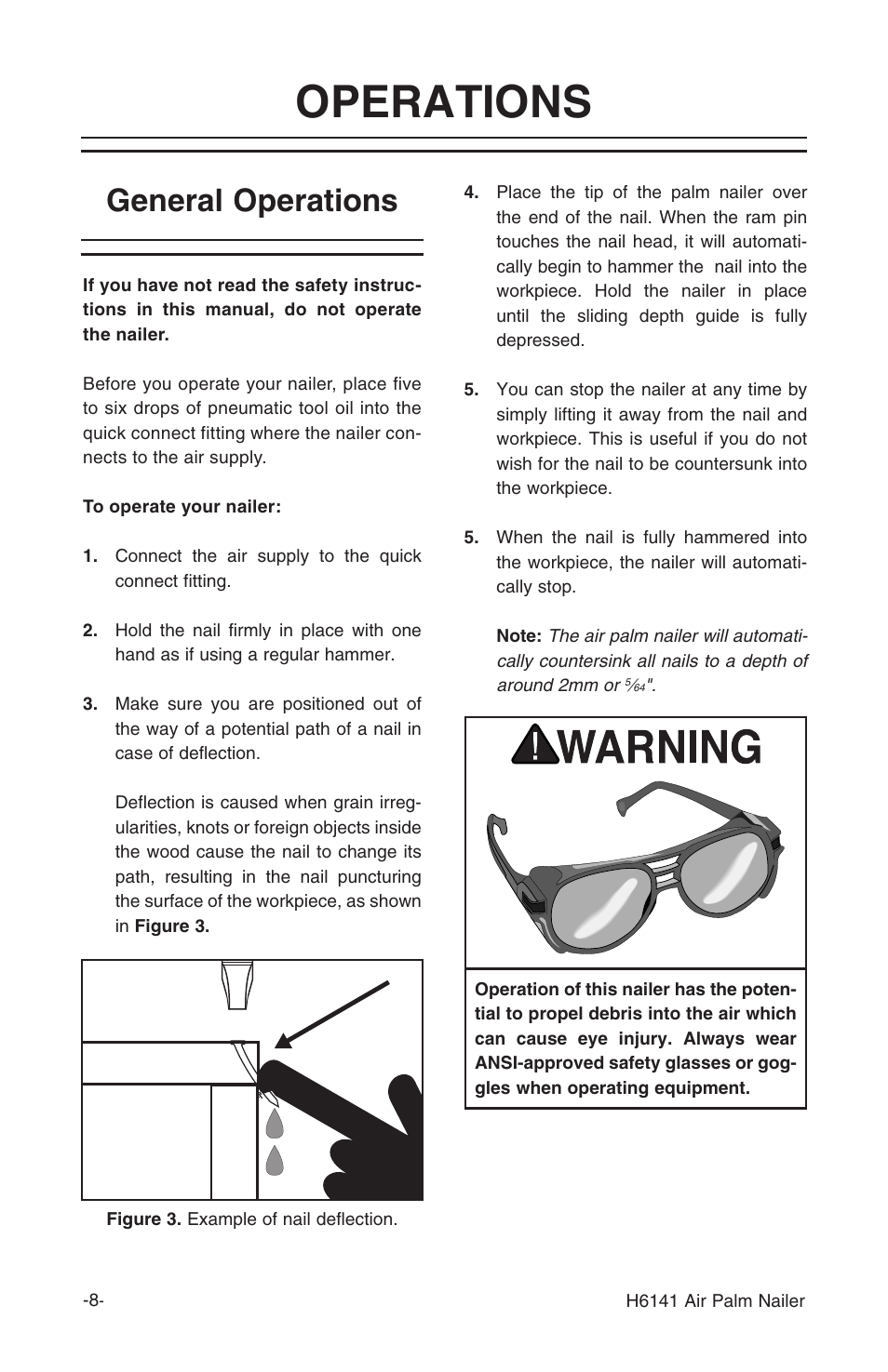 Operations, General operations | Grizzly Air Palm Nailer H6141 User Manual | Page 8 / 16