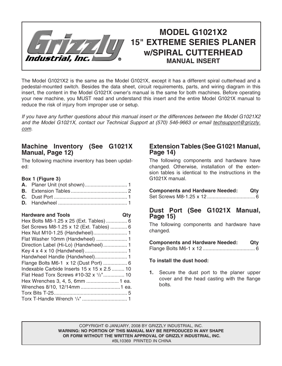 Grizzly 15" Extreme Series Planer w/Spiral Cutterhead G1021X2 User Manual | 16 pages