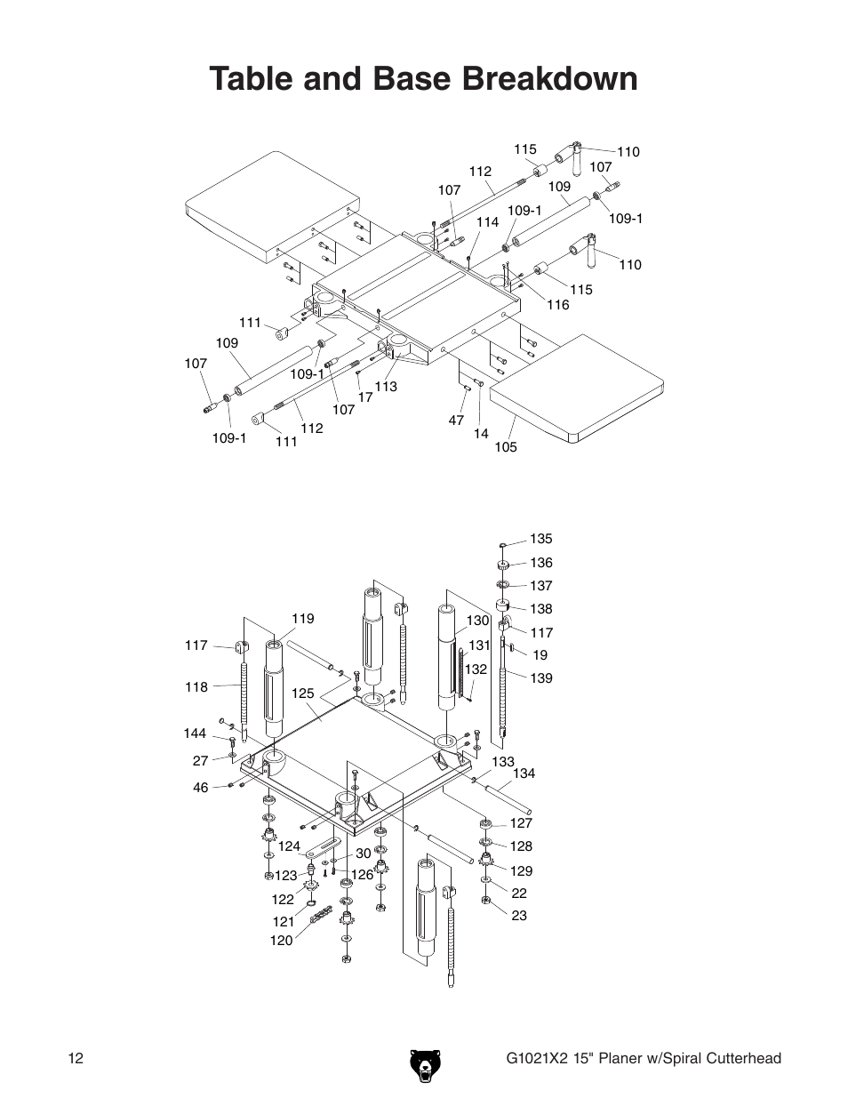 Table and base breakdown | Grizzly 15" Extreme Series Planer w/Spiral Cutterhead G1021X2 User Manual | Page 12 / 16