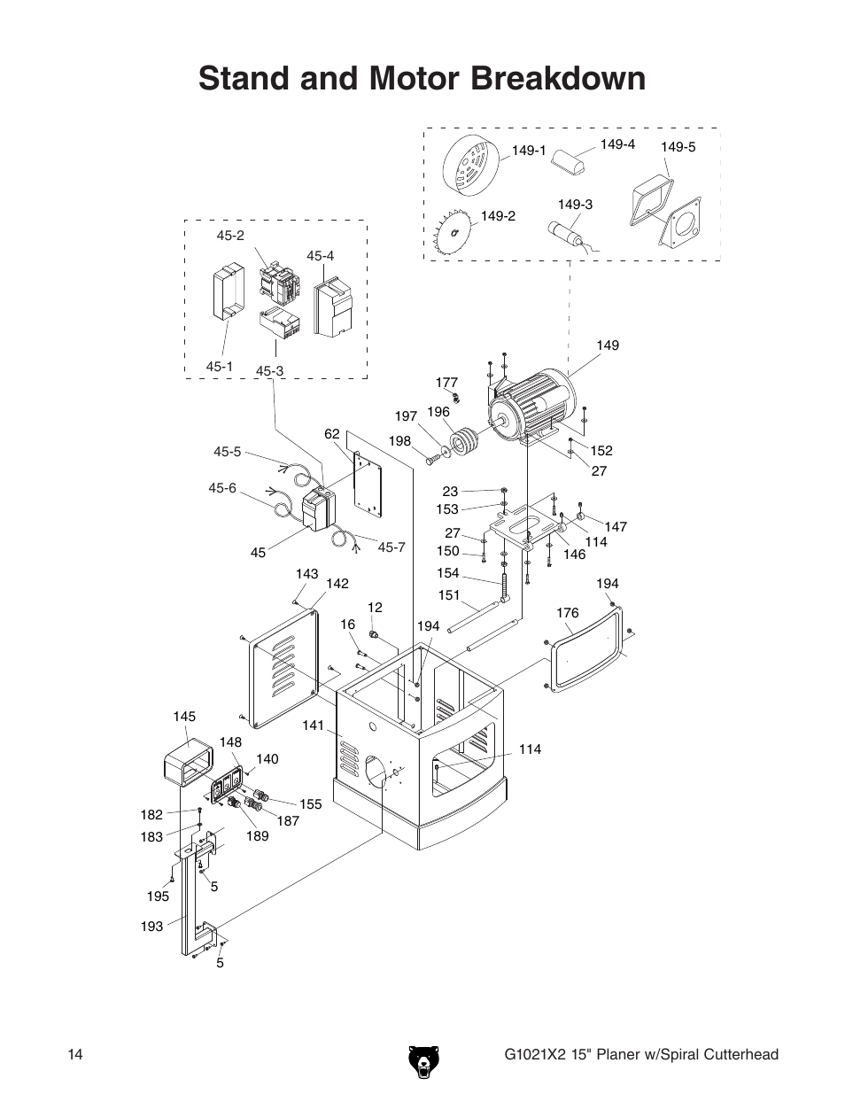Stand and motor breakdown | Grizzly 15" Extreme Series Planer w/Spiral Cutterhead G1021X2 User Manual | Page 14 / 16