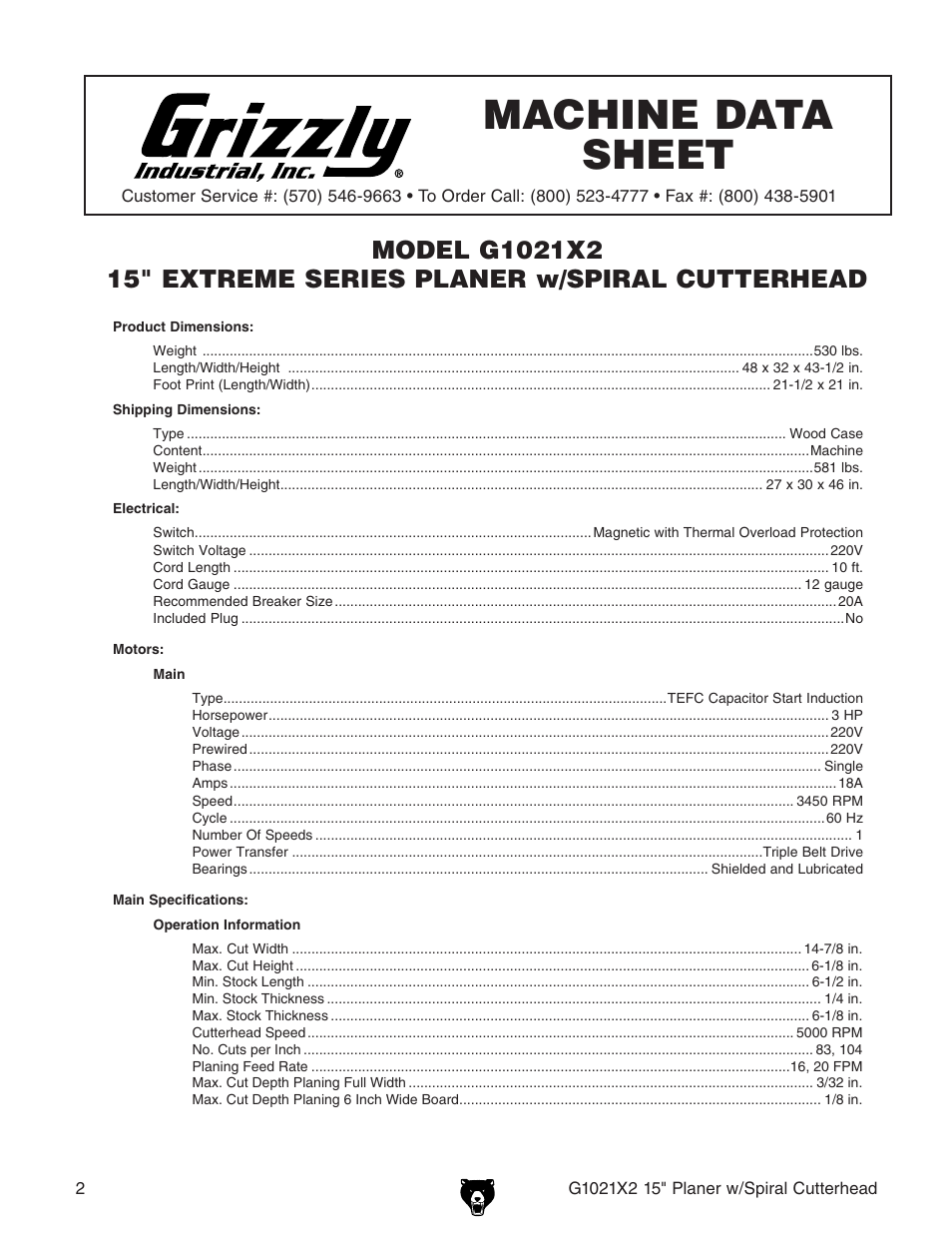 Grizzly 15" Extreme Series Planer w/Spiral Cutterhead G1021X2 User Manual | Page 2 / 16