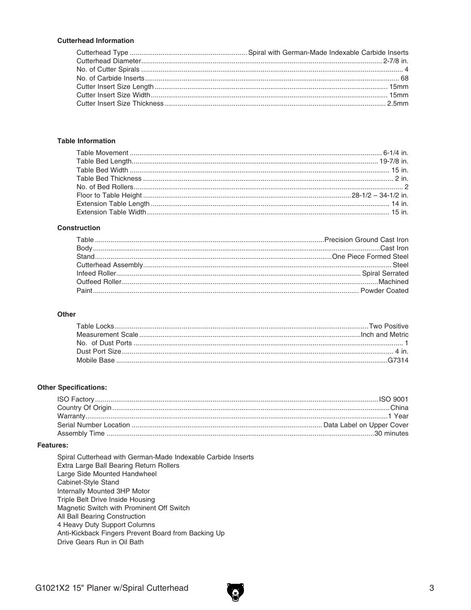 Grizzly 15" Extreme Series Planer w/Spiral Cutterhead G1021X2 User Manual | Page 3 / 16