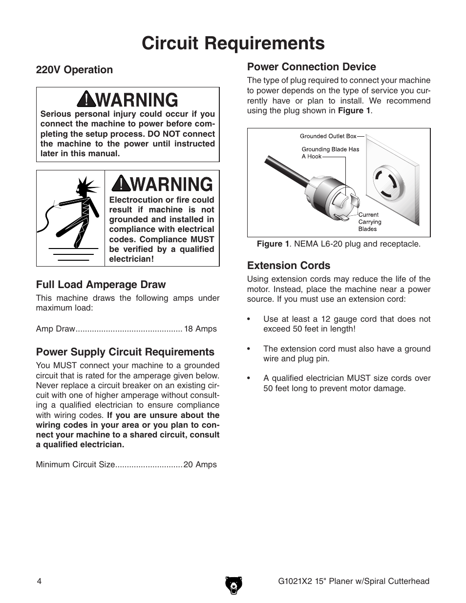 Circuit requirements | Grizzly 15" Extreme Series Planer w/Spiral Cutterhead G1021X2 User Manual | Page 4 / 16