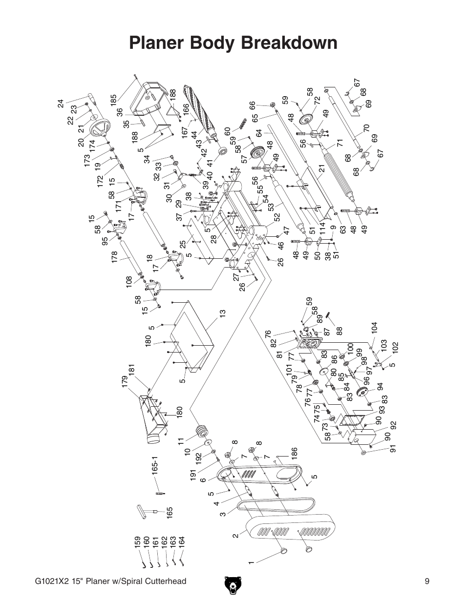 Planer body breakdown | Grizzly 15" Extreme Series Planer w/Spiral Cutterhead G1021X2 User Manual | Page 9 / 16