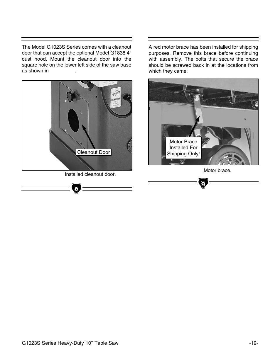 Cleanout door, Motor brace | Grizzly G1023S110 User Manual | Page 21 / 59