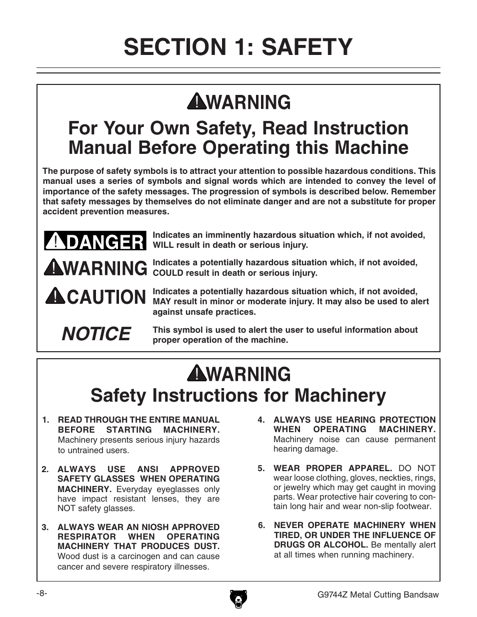 Notice safety instructions for machinery | Grizzly G9744Z User Manual | Page 10 / 52