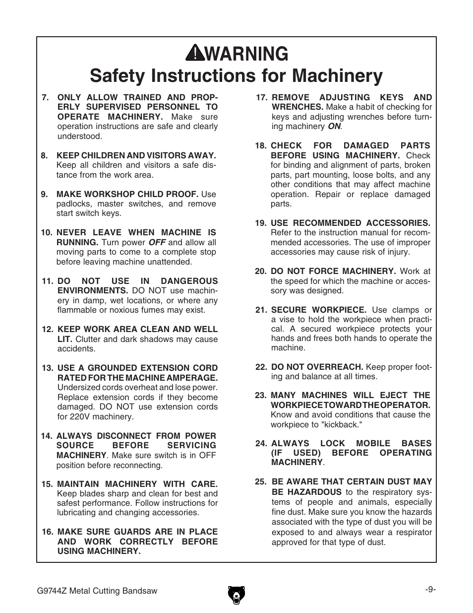 Safety instructions for machinery | Grizzly G9744Z User Manual | Page 11 / 52