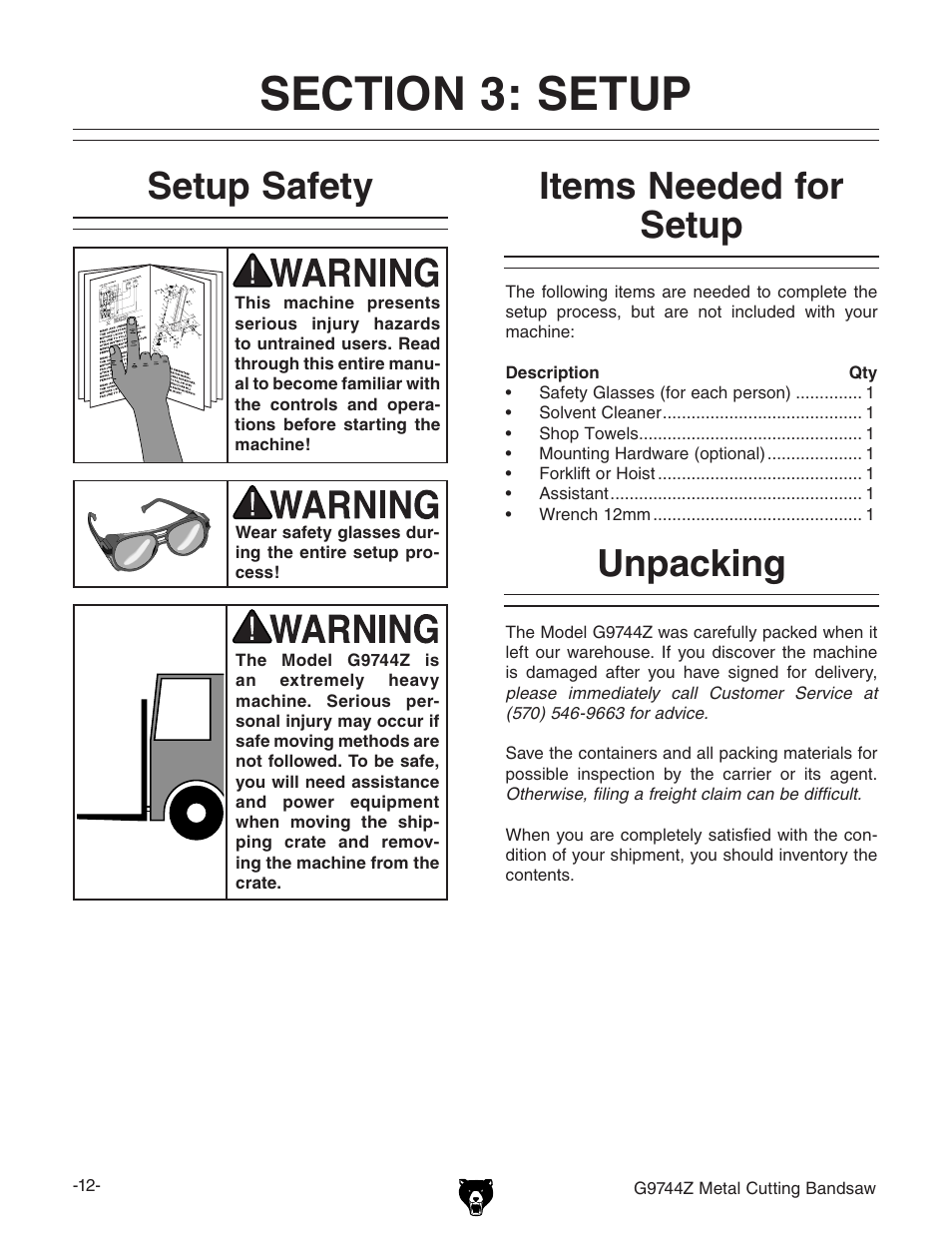 Unpacking setup safety, Items needed for setup | Grizzly G9744Z User Manual | Page 14 / 52