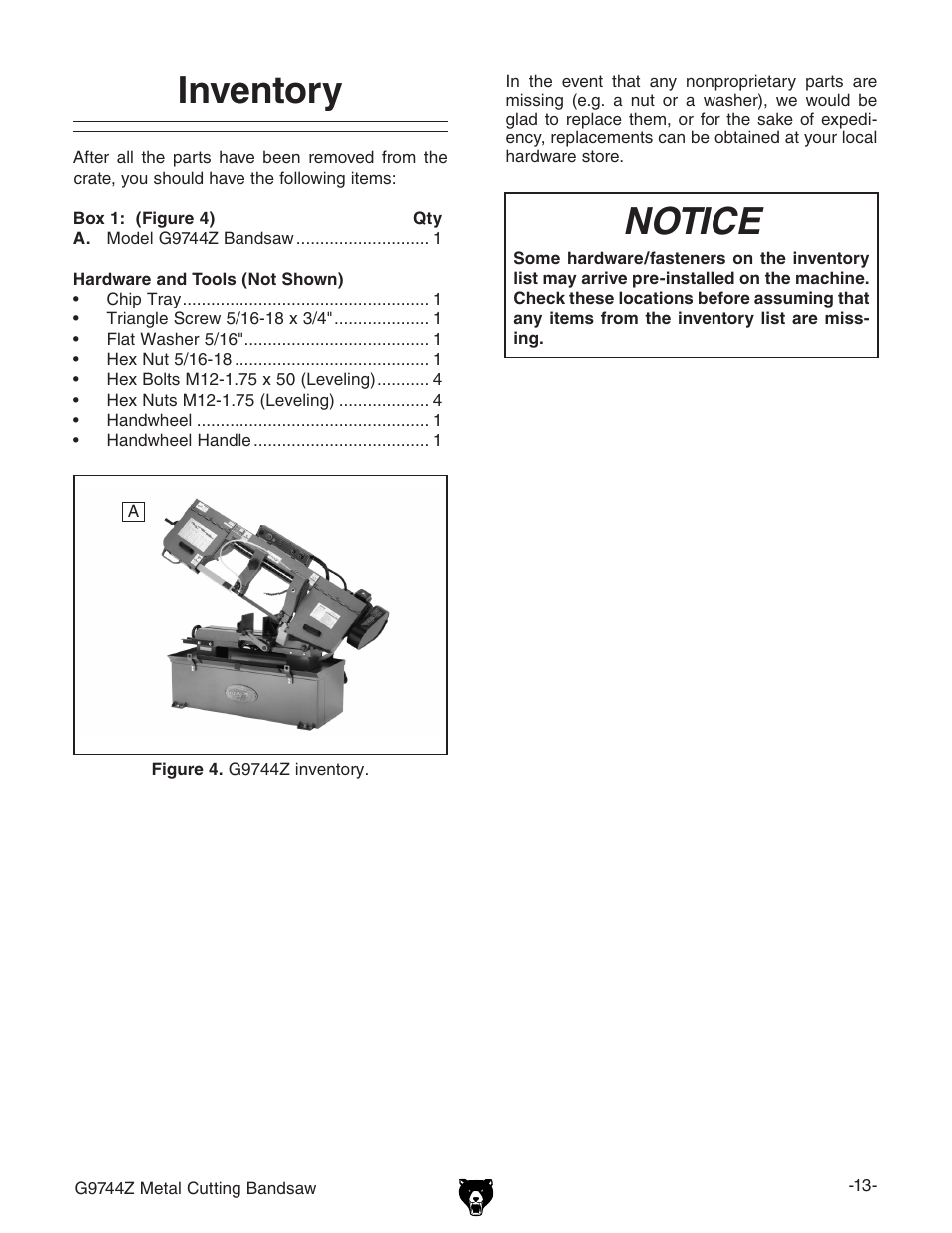 Inventory, Notice | Grizzly G9744Z User Manual | Page 15 / 52