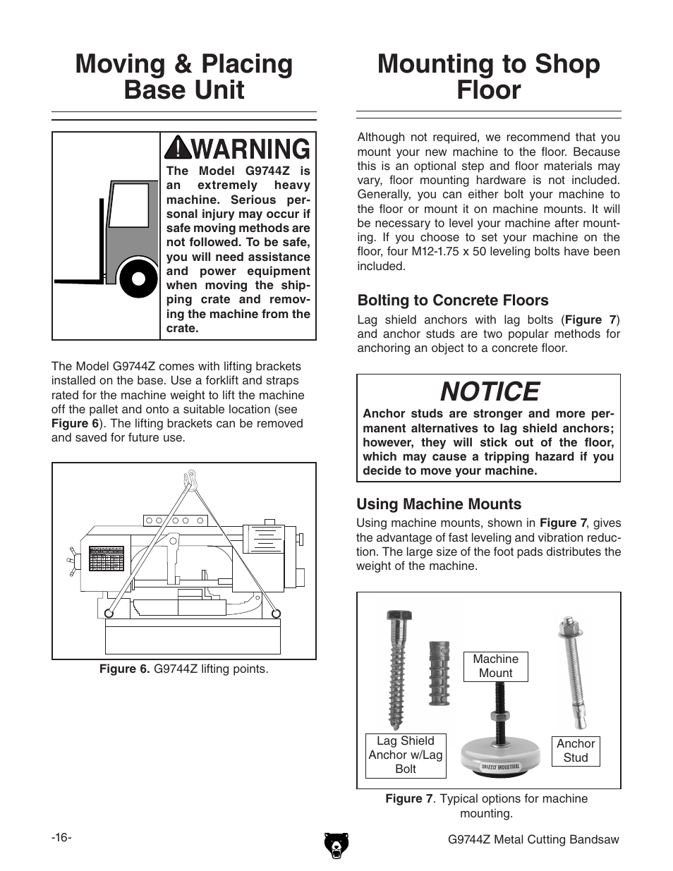 Moving & placing base unit, Mounting to shop floor notice | Grizzly G9744Z User Manual | Page 18 / 52