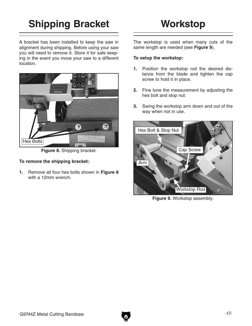 Shipping bracket workstop | Grizzly G9744Z User Manual | Page 19 / 52