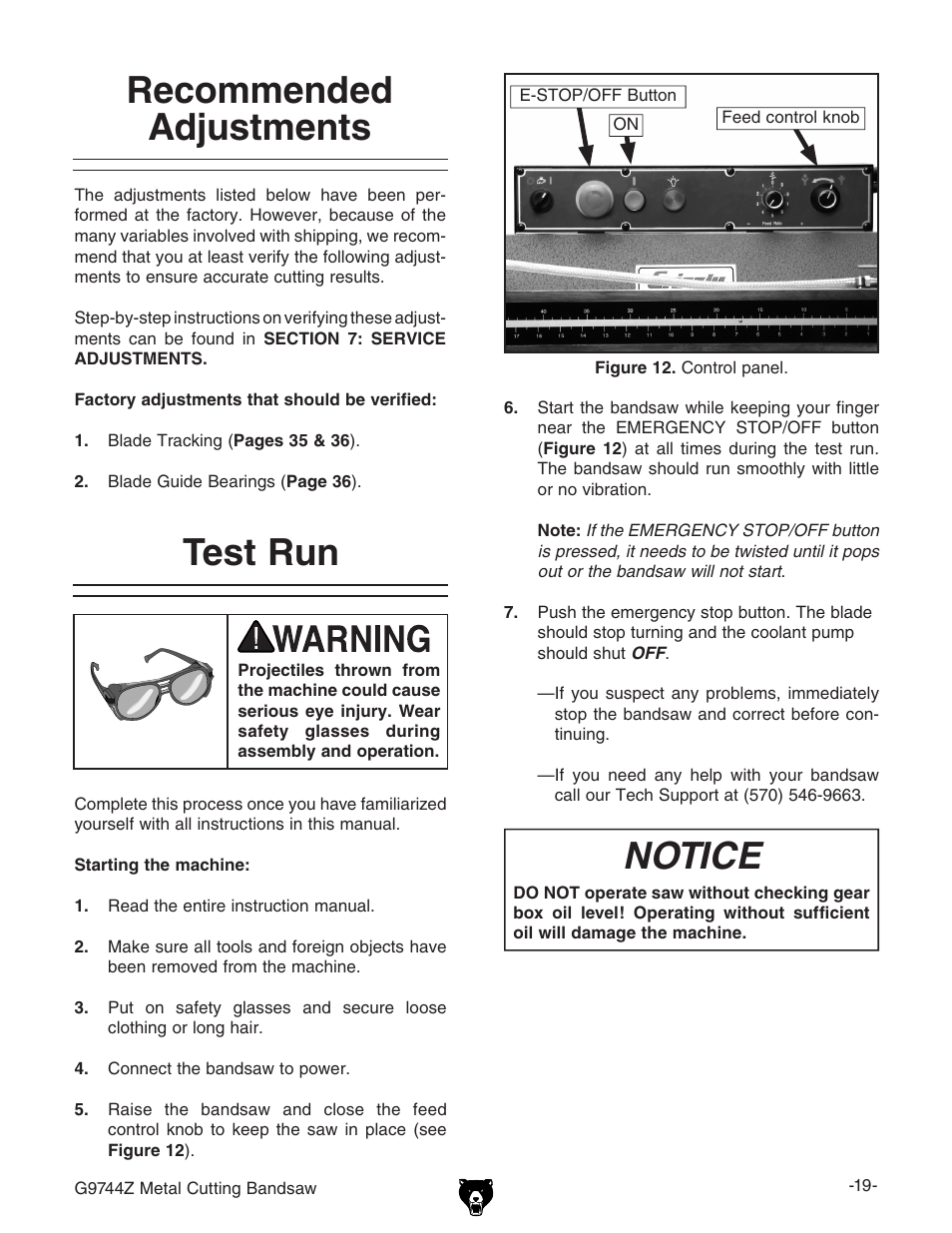 Recommended adjustments, Test run, Notice | Grizzly G9744Z User Manual | Page 21 / 52