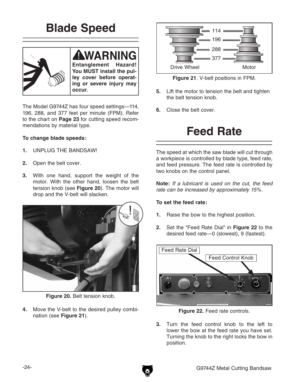 Blade speed, Feed rate | Grizzly G9744Z User Manual | Page 26 / 52
