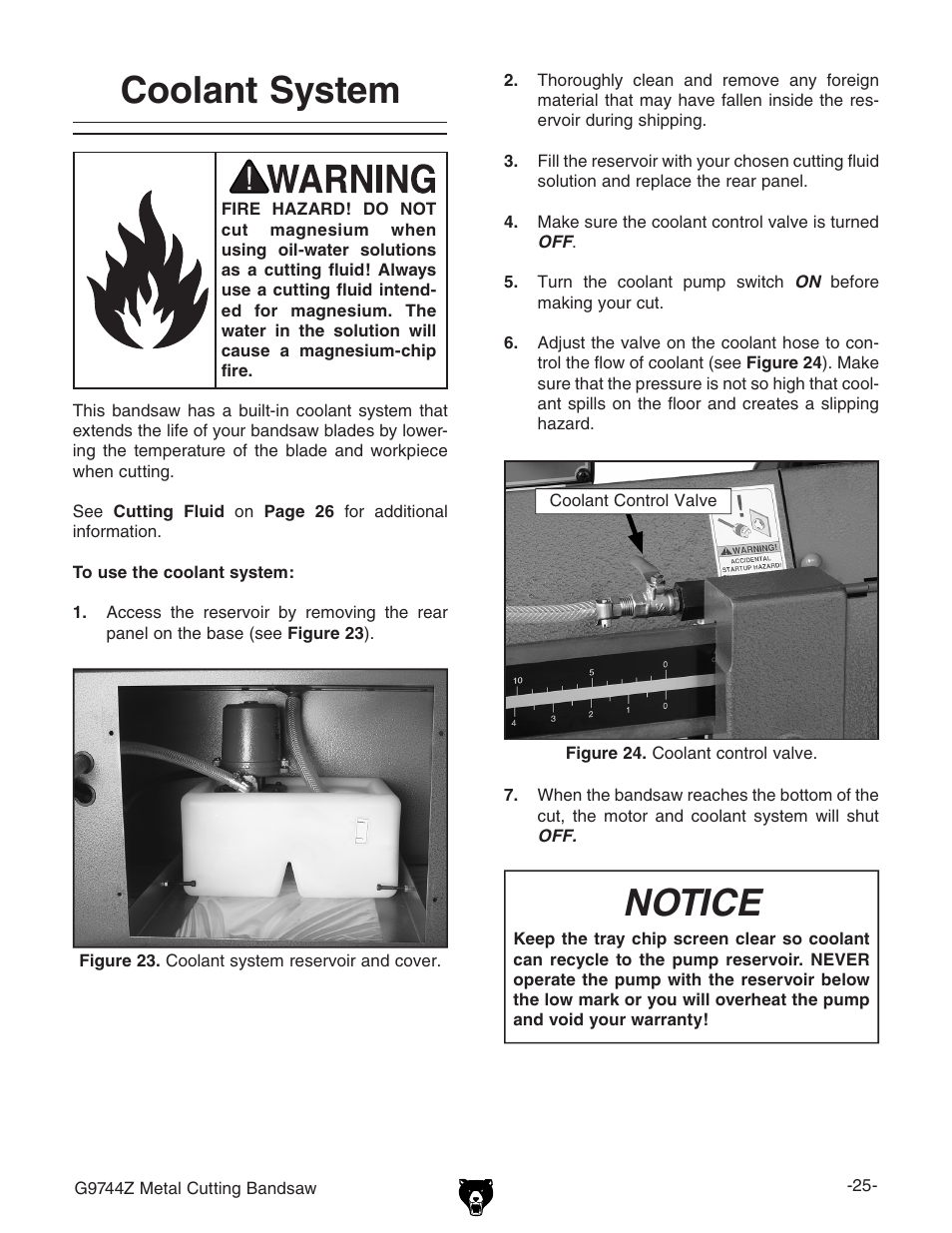 Coolant system, Notice | Grizzly G9744Z User Manual | Page 27 / 52