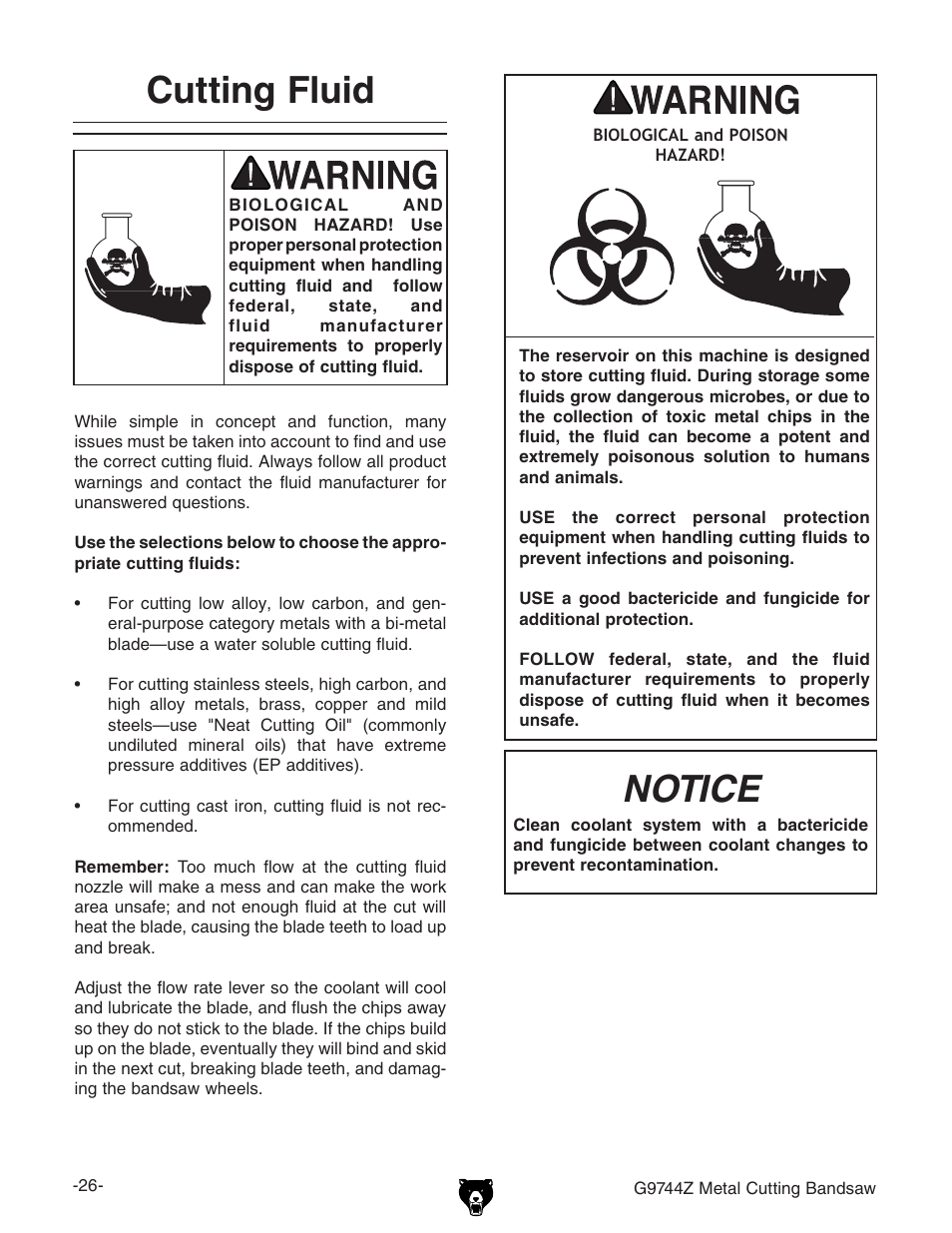 Cutting fluid, Notice | Grizzly G9744Z User Manual | Page 28 / 52