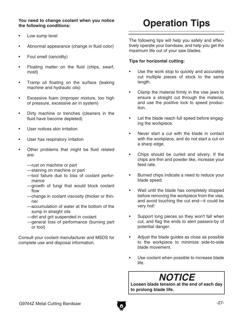 Operation tips notice | Grizzly G9744Z User Manual | Page 29 / 52