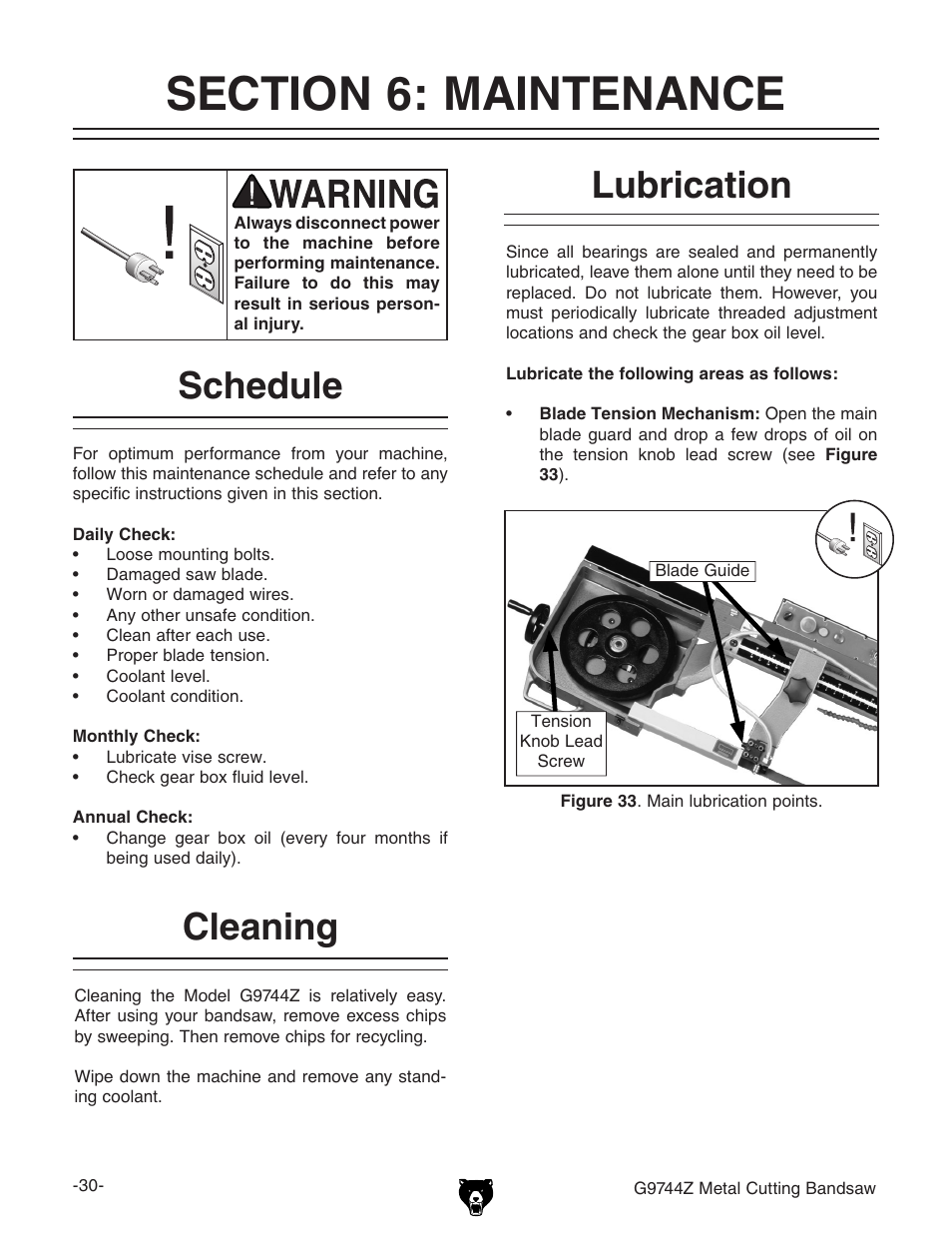 Lubrication, Cleaning, Schedule | Grizzly G9744Z User Manual | Page 32 / 52