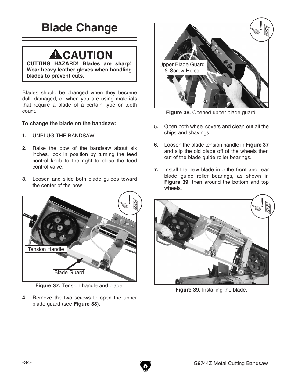 Blade change | Grizzly G9744Z User Manual | Page 36 / 52