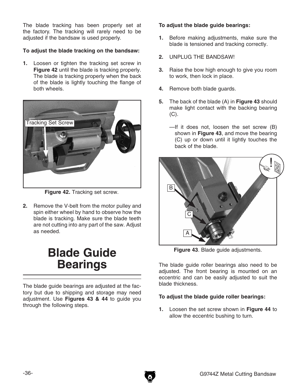 Blade guide bearings | Grizzly G9744Z User Manual | Page 38 / 52