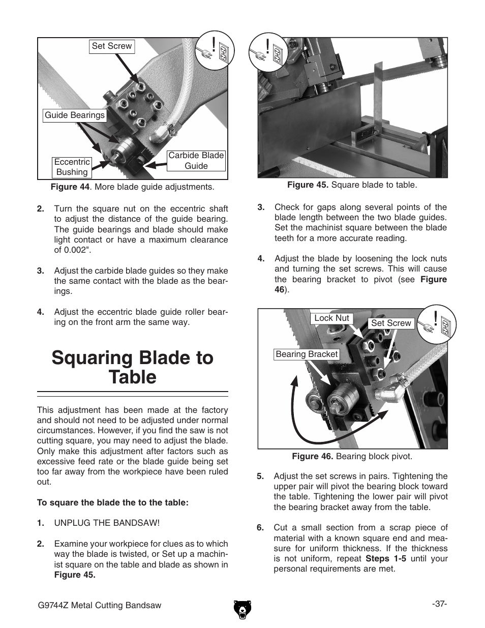 Squaring blade to table | Grizzly G9744Z User Manual | Page 39 / 52