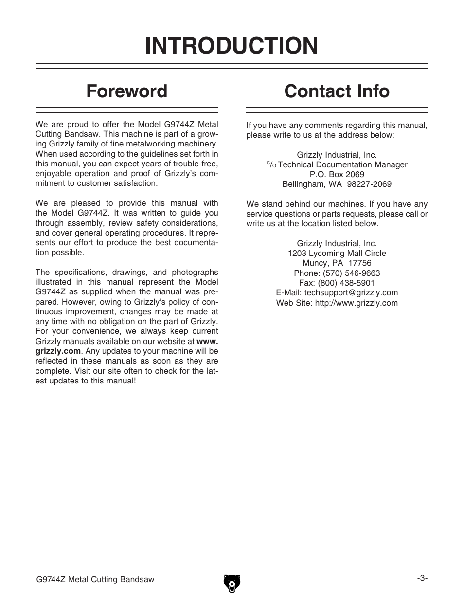 Introduction, Foreword, Contact info | Grizzly G9744Z User Manual | Page 5 / 52