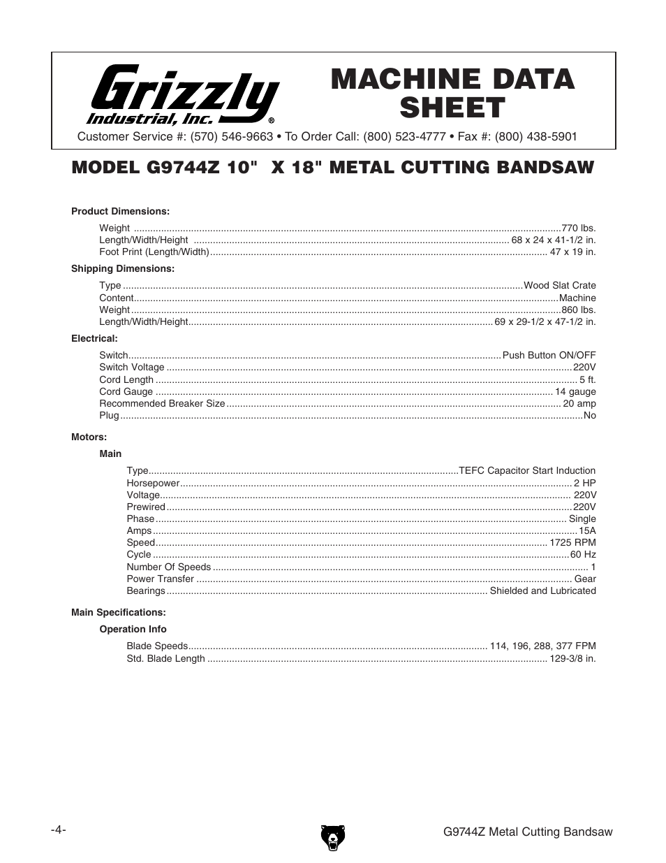 Machine data sheet | Grizzly G9744Z User Manual | Page 6 / 52