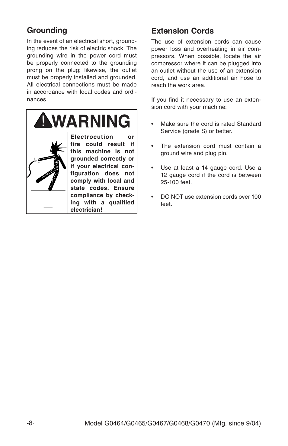 Extension cords, Grounding | Grizzly G0470 User Manual | Page 10 / 36