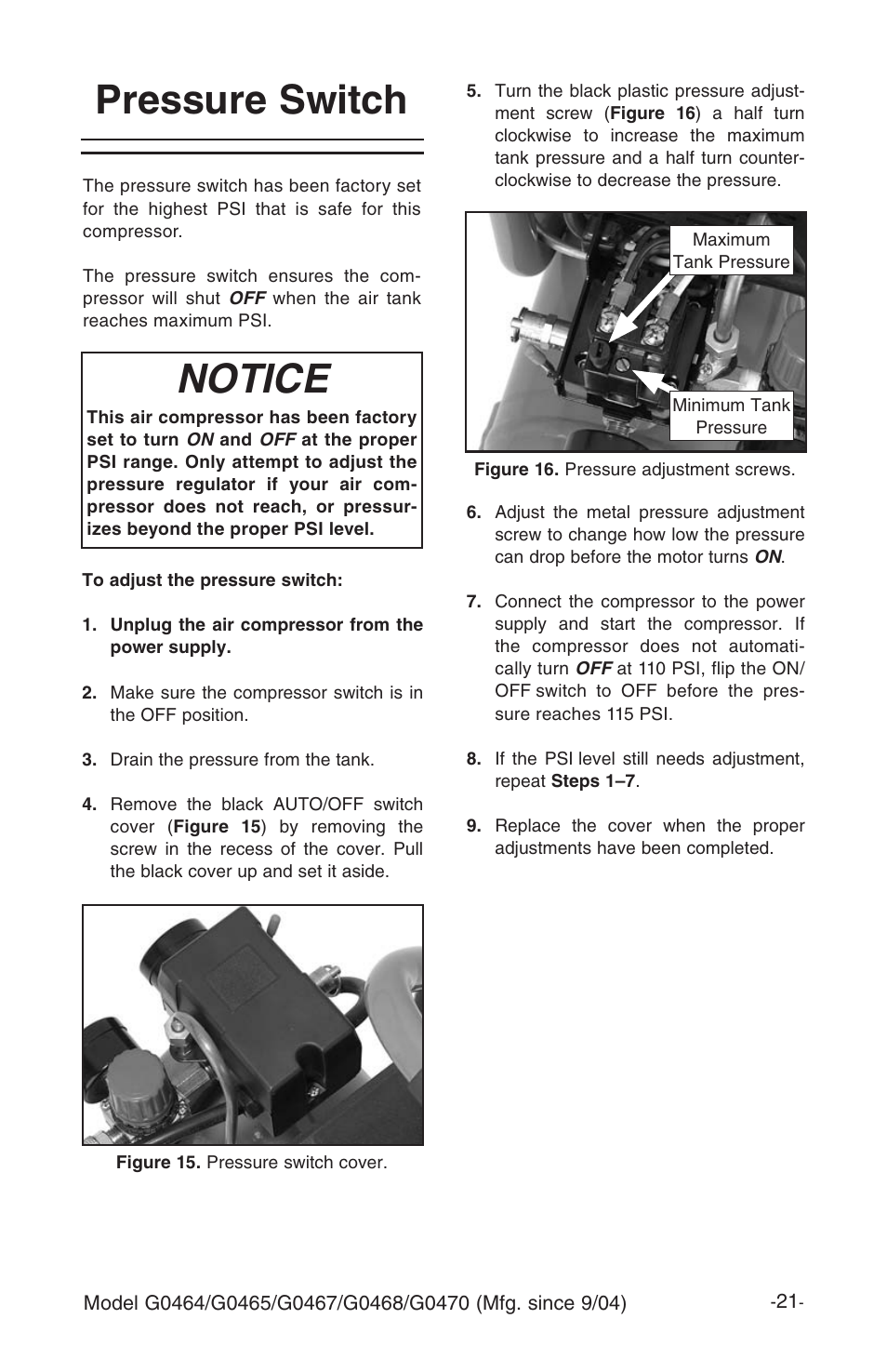 Pressure switch, Notice | Grizzly G0470 User Manual | Page 23 / 36