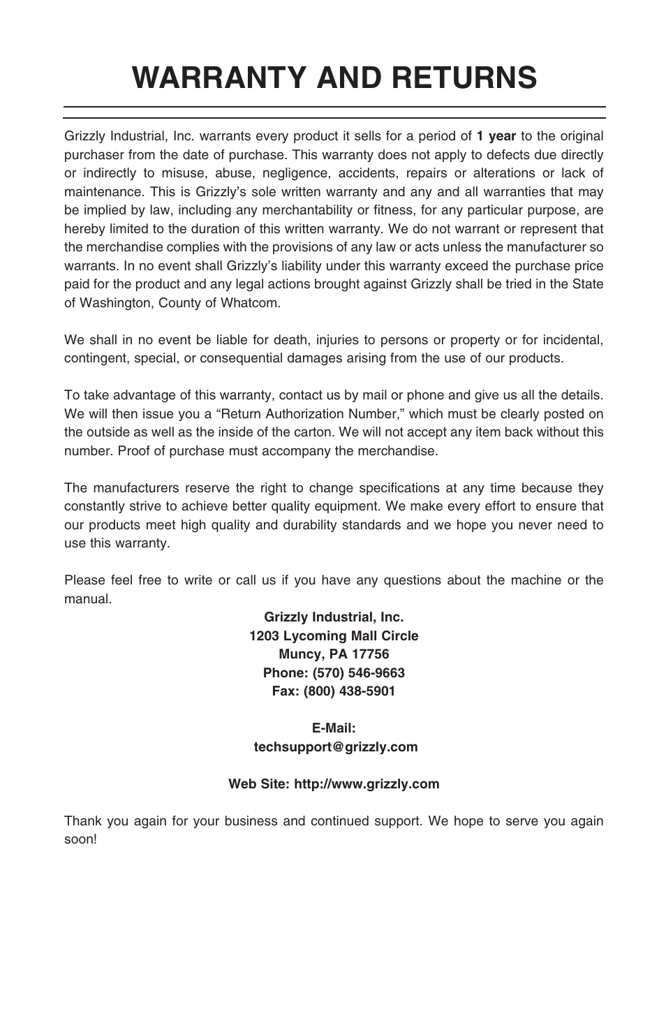 Warranty and returns | Grizzly G0470 User Manual | Page 34 / 36