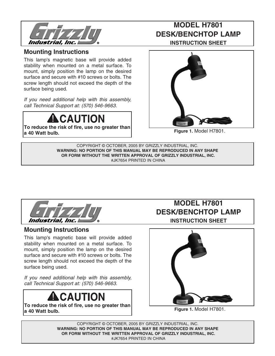 Grizzly Grizzley Desk/Benchtop Lamp H7801 User Manual | 1 page