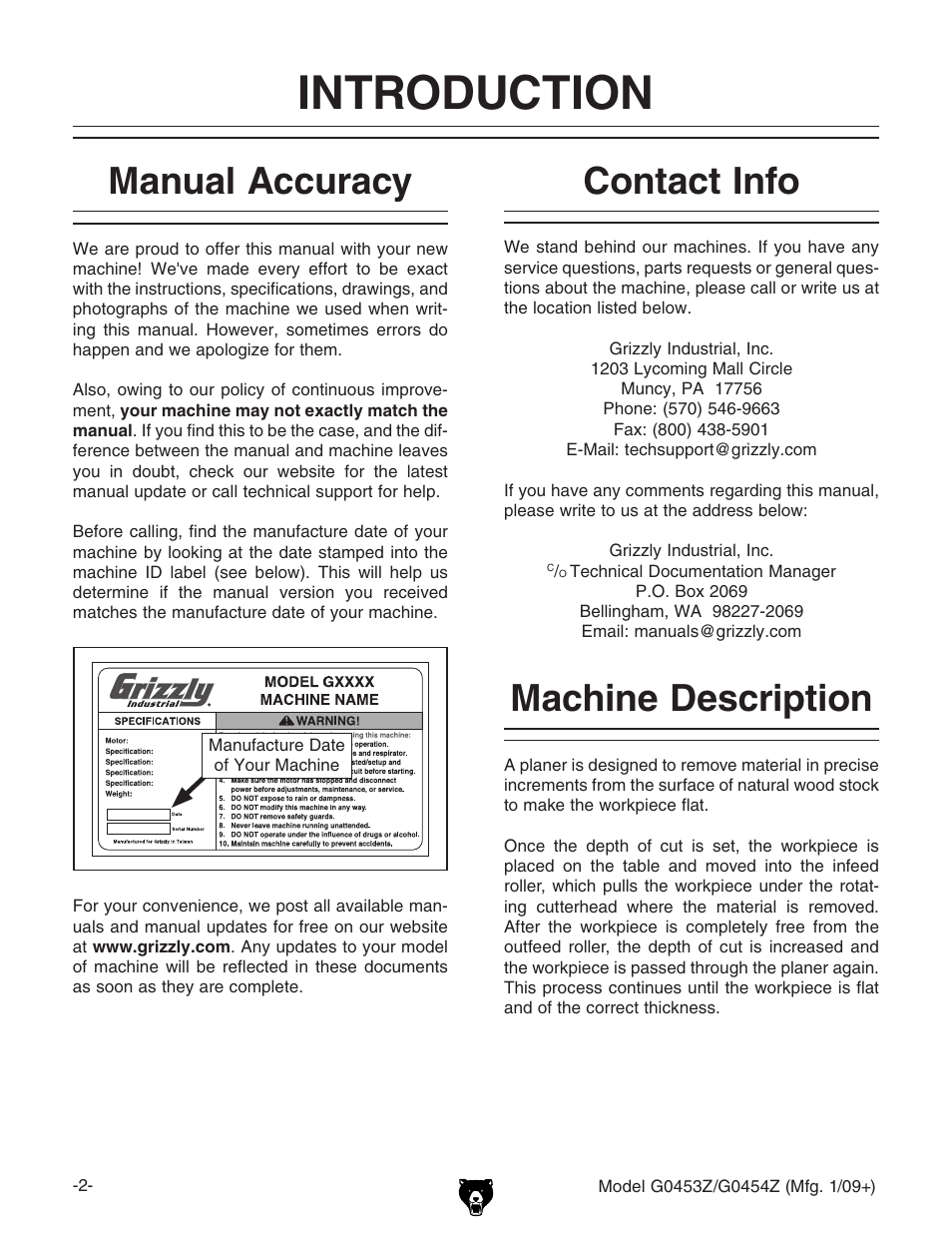 Introduction, Contact info machine description manual accuracy | Grizzly POLAR BEAR G0453P User Manual | Page 12 / 76