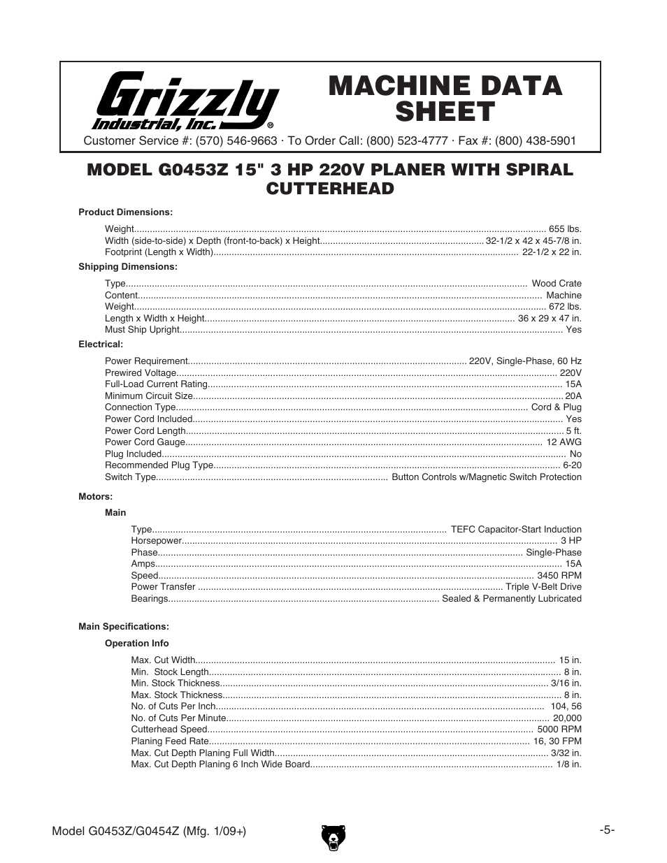 Machine data sheet, G0453z machine data sheet | Grizzly POLAR BEAR G0453P User Manual | Page 15 / 76