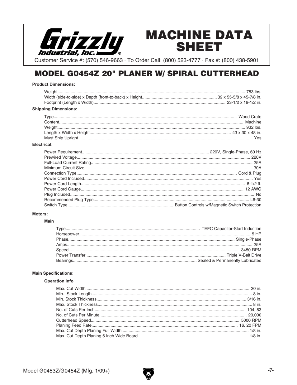 Machine data sheet, G0454z machine data sheet | Grizzly POLAR BEAR G0453P User Manual | Page 17 / 76