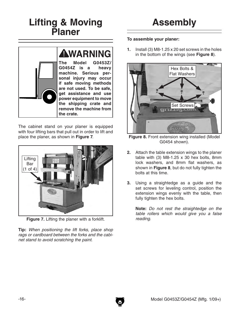 Lifting & moving planer, Assembly | Grizzly POLAR BEAR G0453P User Manual | Page 26 / 76