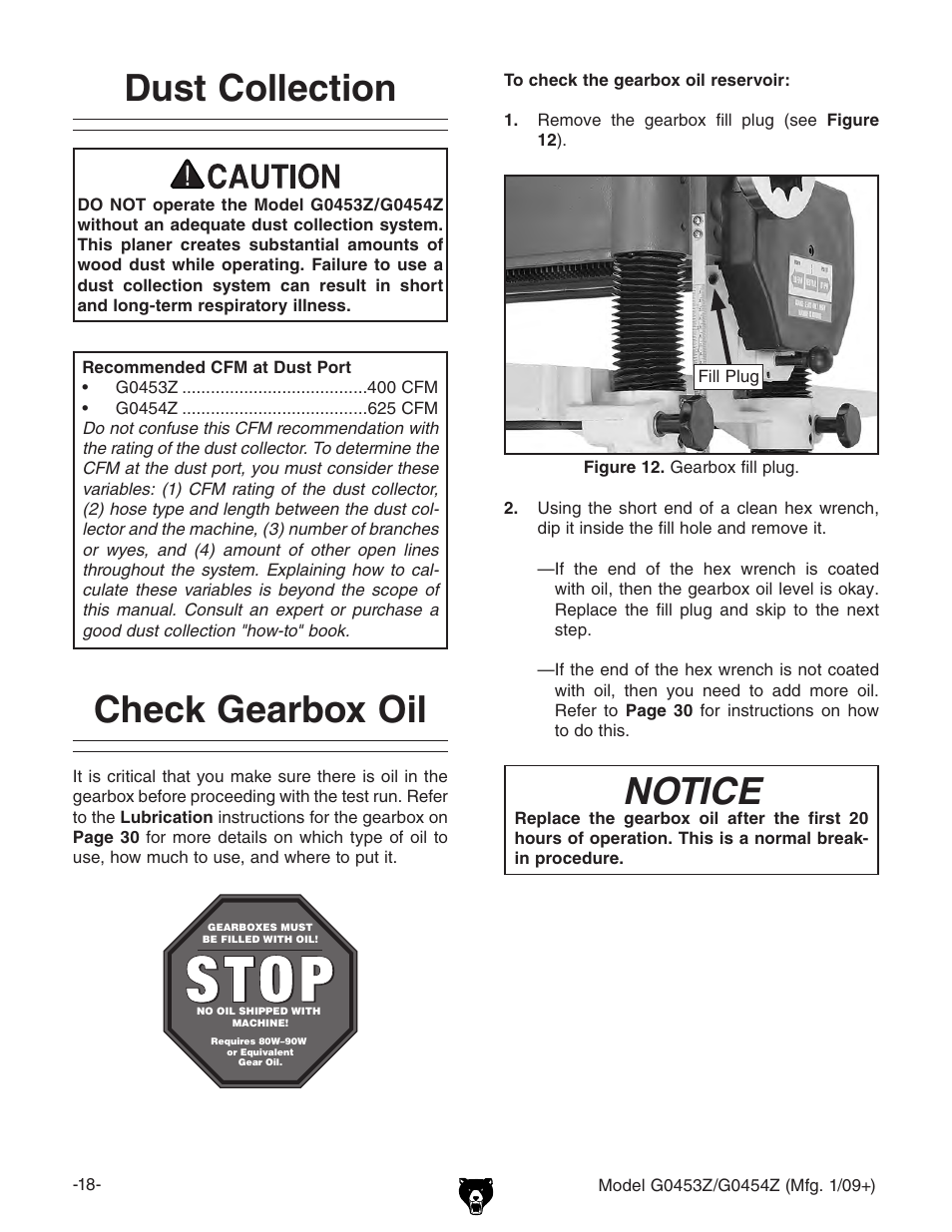 Dust collection, Check gearbox oil, Notice | Grizzly POLAR BEAR G0453P User Manual | Page 28 / 76