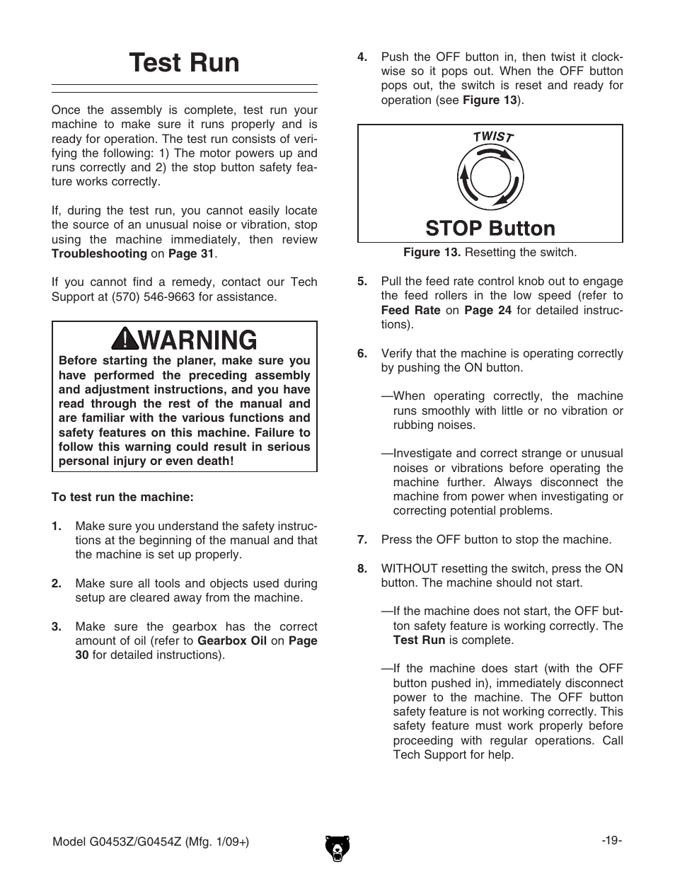 Test run | Grizzly POLAR BEAR G0453P User Manual | Page 29 / 76