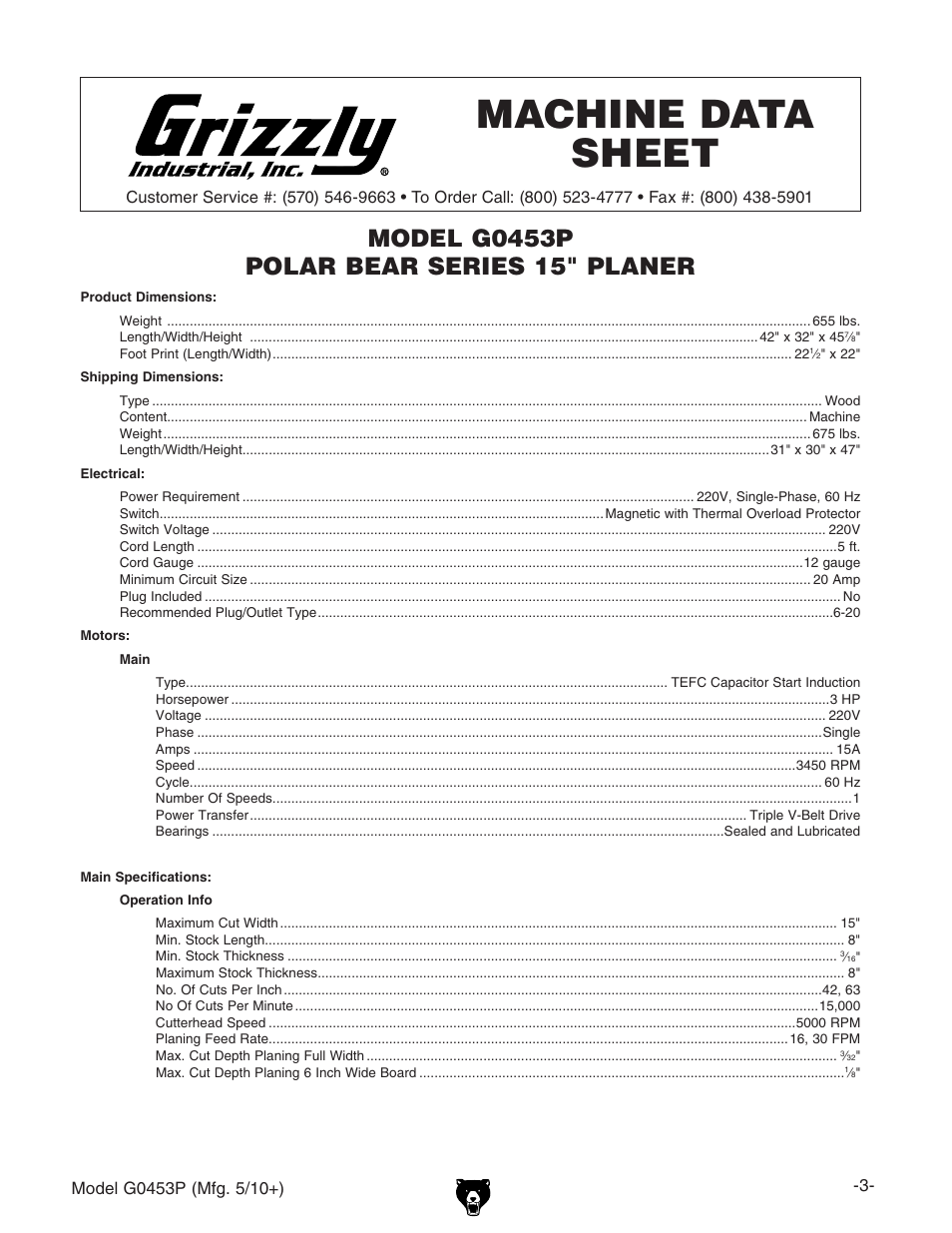 Machine data sheet | Grizzly POLAR BEAR G0453P User Manual | Page 3 / 76