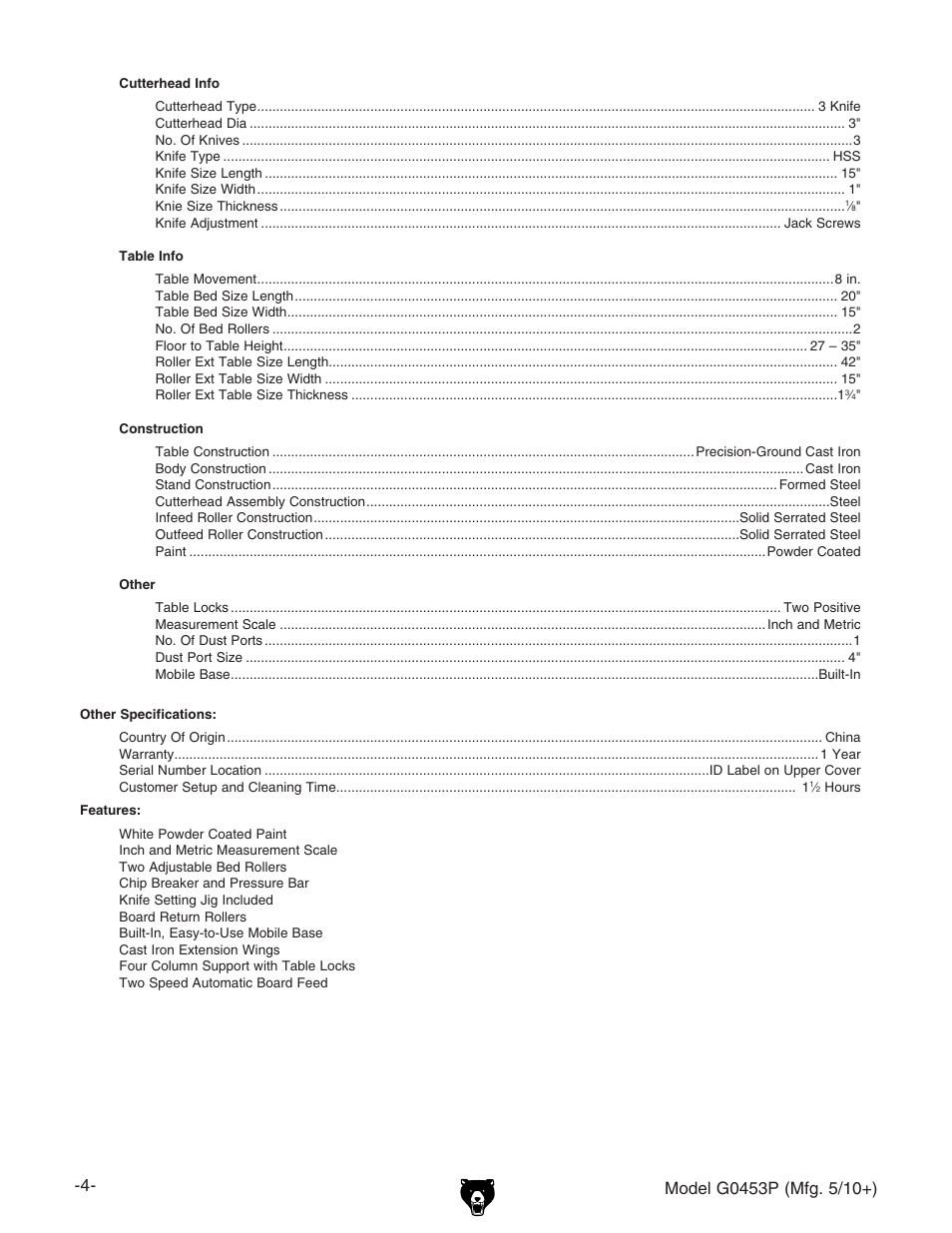 Grizzly POLAR BEAR G0453P User Manual | Page 4 / 76