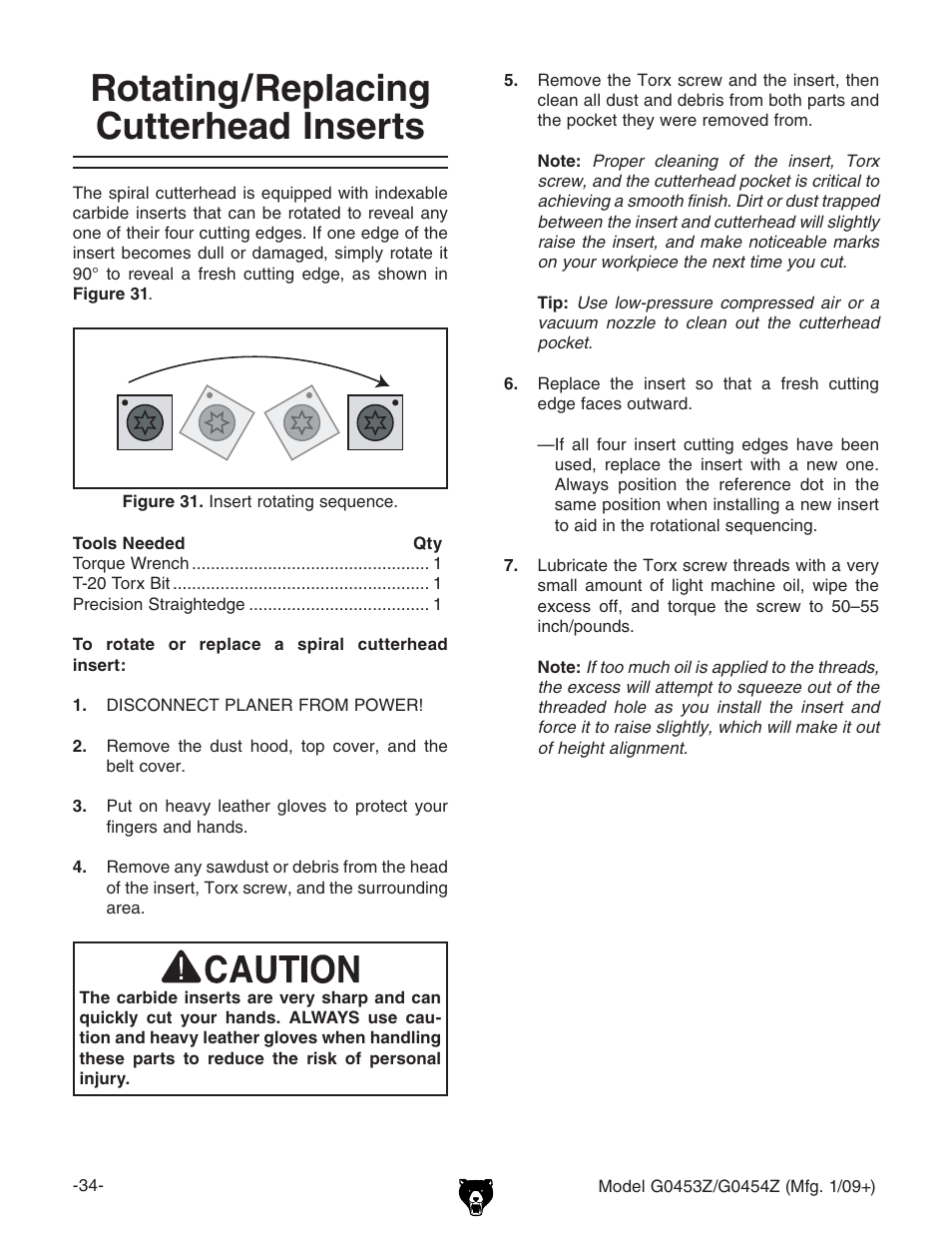 Rotating/replacing cutterhead inserts | Grizzly POLAR BEAR G0453P User Manual | Page 44 / 76