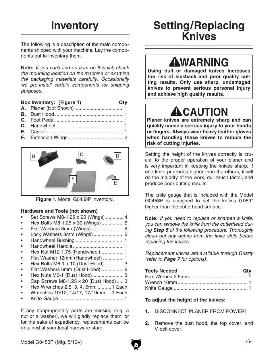 Inventory, Setting/replacing knives | Grizzly POLAR BEAR G0453P User Manual | Page 5 / 76