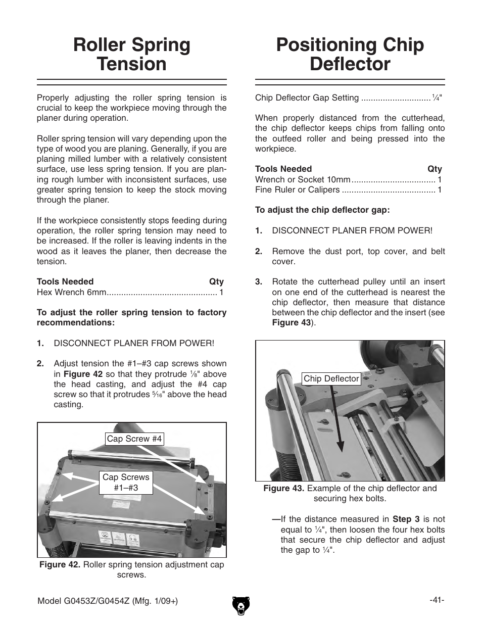 Positioning chip deflector, Roller spring tension | Grizzly POLAR BEAR G0453P User Manual | Page 51 / 76