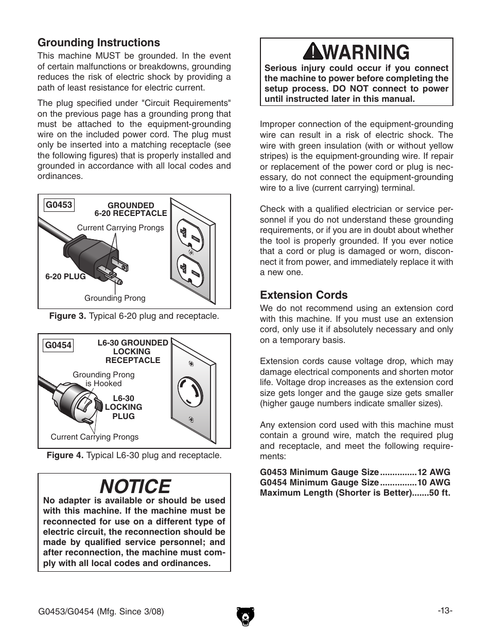 Notice, Extension cords, Grounding instructions | Grizzly MOBILE PLANERS G0453 User Manual | Page 15 / 72