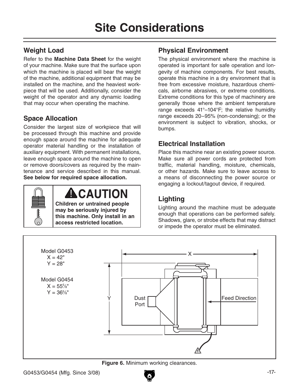 Site considerations, Weight load, Space allocation | Physical environment, Electrical installation, Lighting | Grizzly MOBILE PLANERS G0453 User Manual | Page 19 / 72