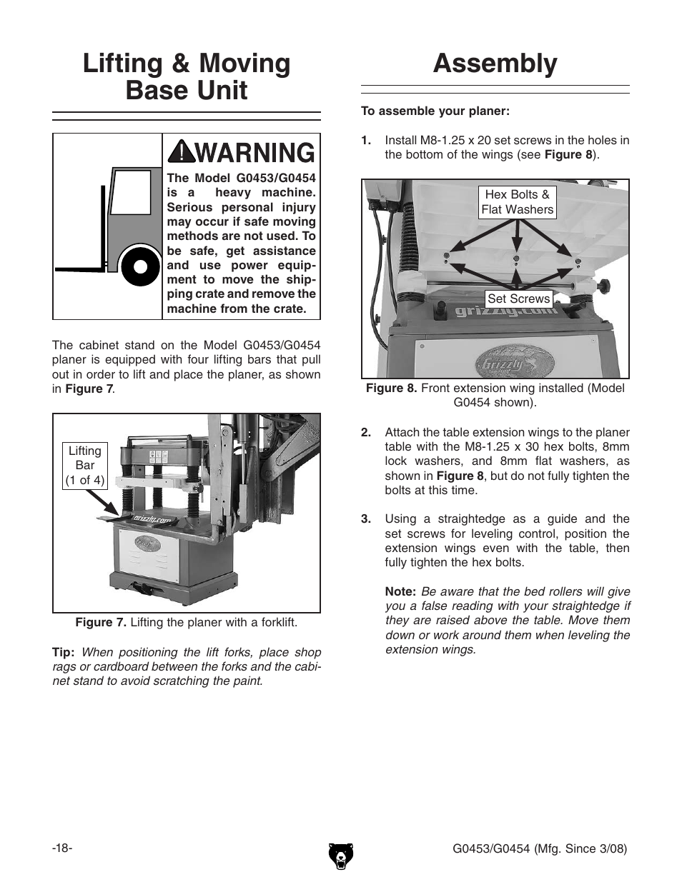 Lifting & moving base unit, Assembly | Grizzly MOBILE PLANERS G0453 User Manual | Page 20 / 72