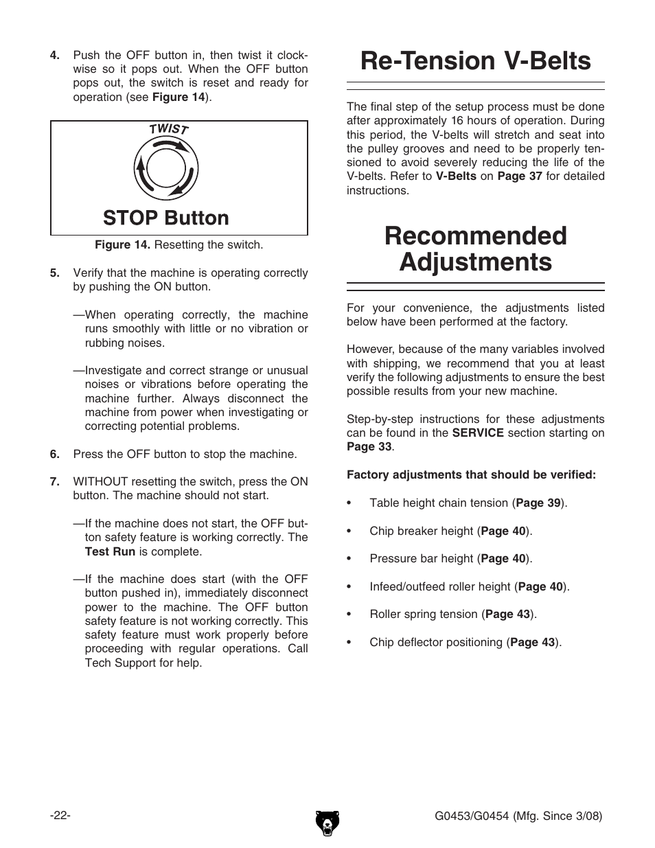 Re-tension v-belts, Recommended adjustments | Grizzly MOBILE PLANERS G0453 User Manual | Page 24 / 72