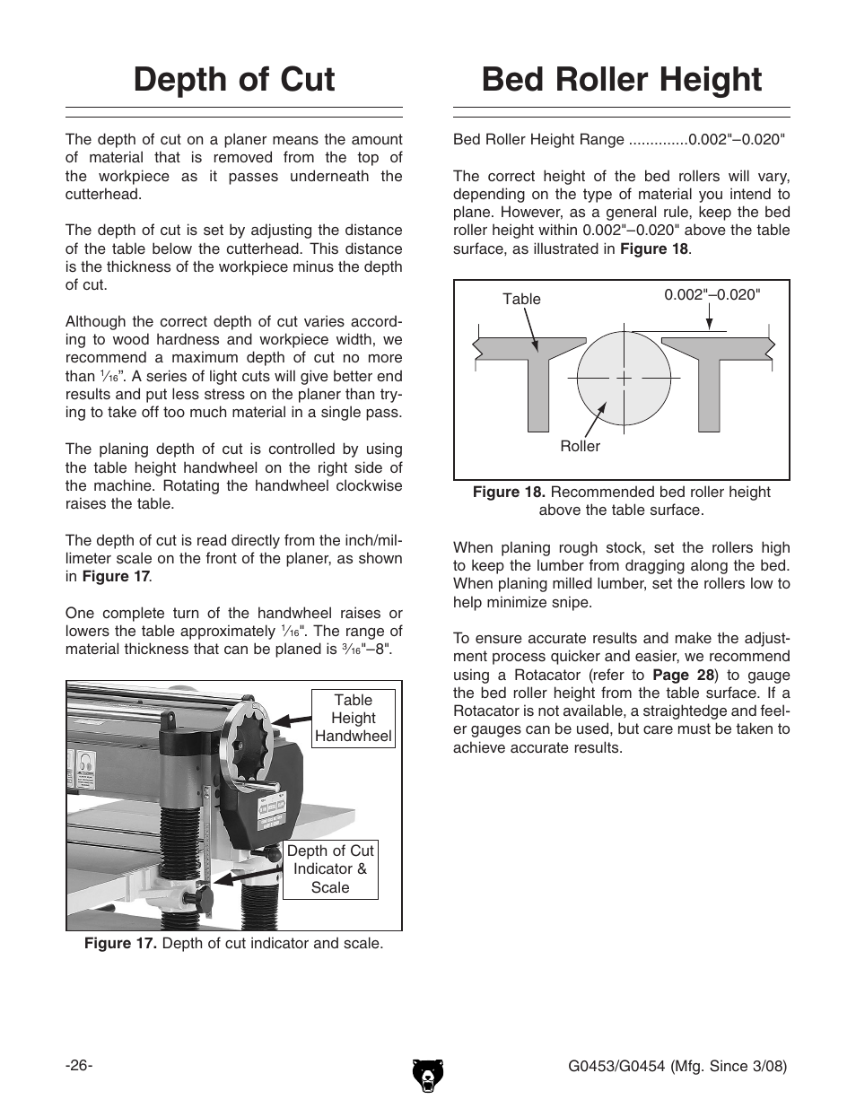 Bed roller height, Depth of cut | Grizzly MOBILE PLANERS G0453 User Manual | Page 28 / 72