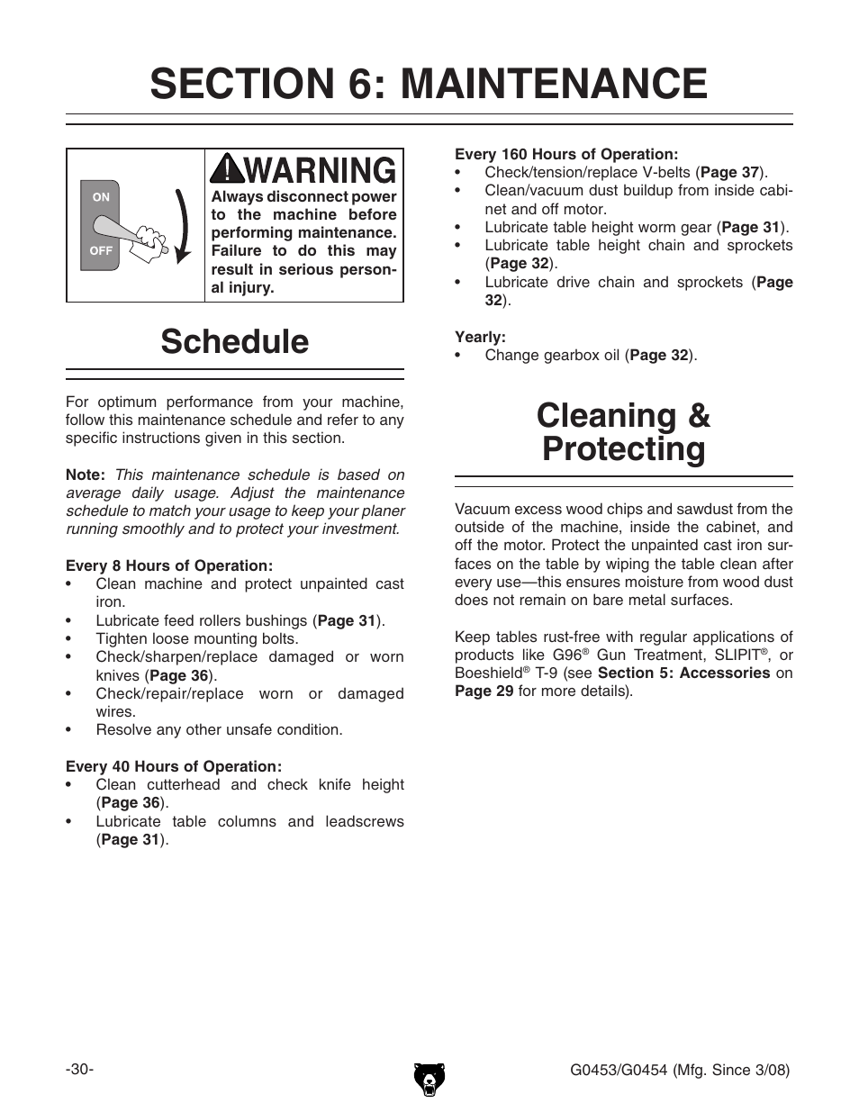 Schedule, Cleaning & protecting | Grizzly MOBILE PLANERS G0453 User Manual | Page 32 / 72